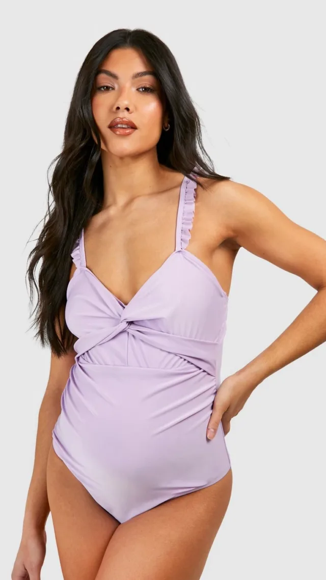 Lilac Maternity Knot Front Frill Shoulder Swimsuit