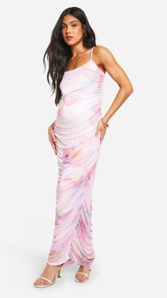 Lilac Maternity Mesh Floral Print Strappy Maxi Dress