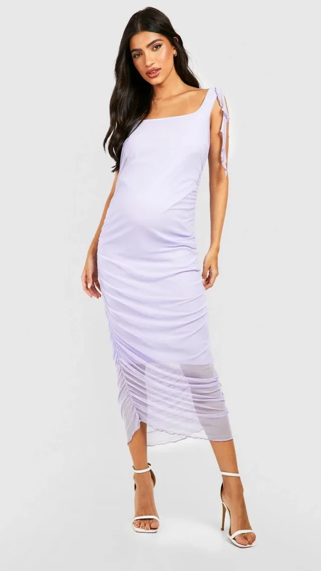 Lilac Maternity Ruffle Ruched Mesh Midi Dress