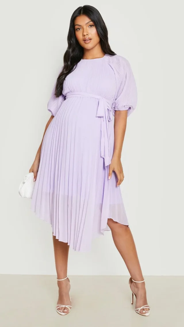 Lilac Maternity Tie Waist Pleated Puff Sleeve Midi Dress