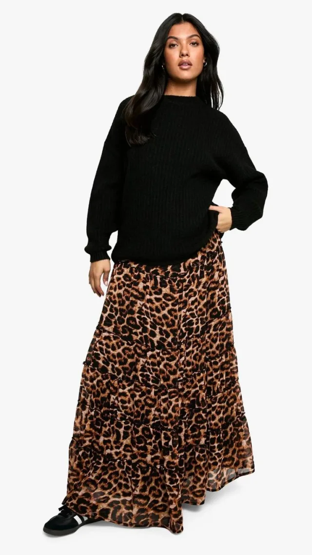 Maternity Elasticated Waist Chiffon Leopard Print Tiered Maxi Skirt