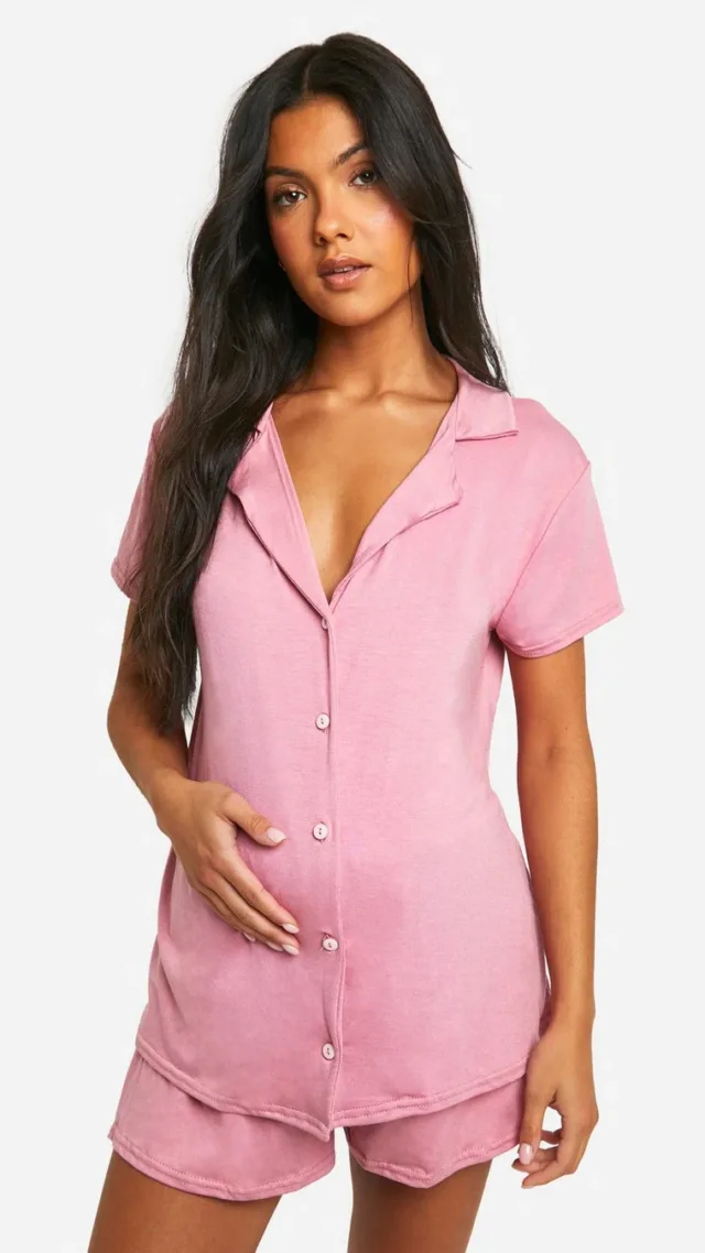 Mauve Maternity Peached Button Down Long Sleeve Shirt & Short Pj Set