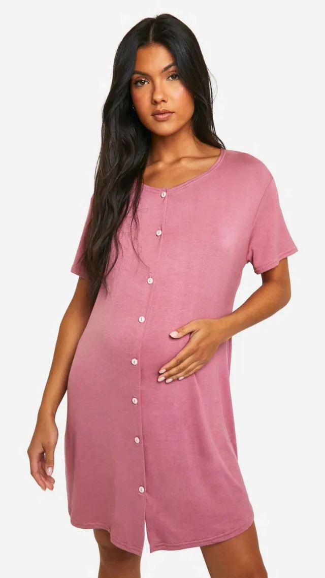 Mauve Maternity Peached Button Down Nightgown