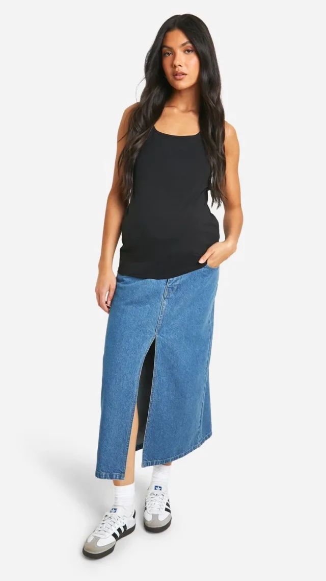 Mid Wash Maternity Denim Midaxi Split Hem Skirt