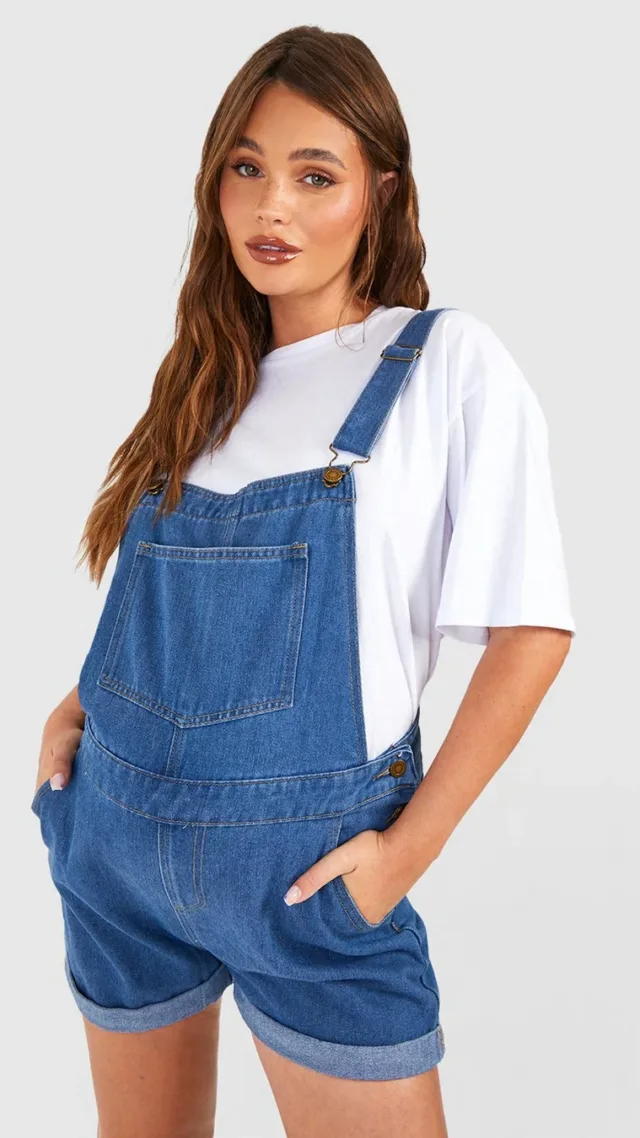 Mid Wash Maternity Denim Overall Shorts