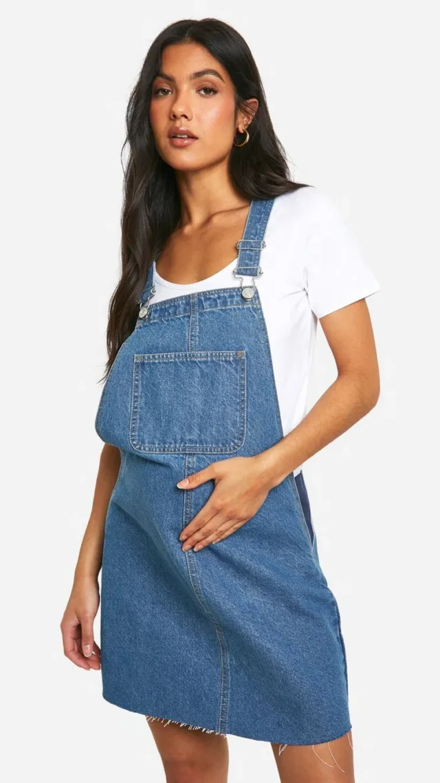 Mid Wash Maternity Denim Pinafore Dress