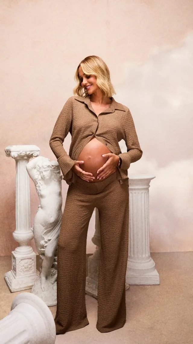 Mocha Emily Shak Maternity Textured Under Bump Drawstring Wide Leg Trousers