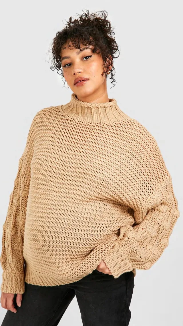 Mocha Maternity Premium Chunky Knit Turtleneck Sweater