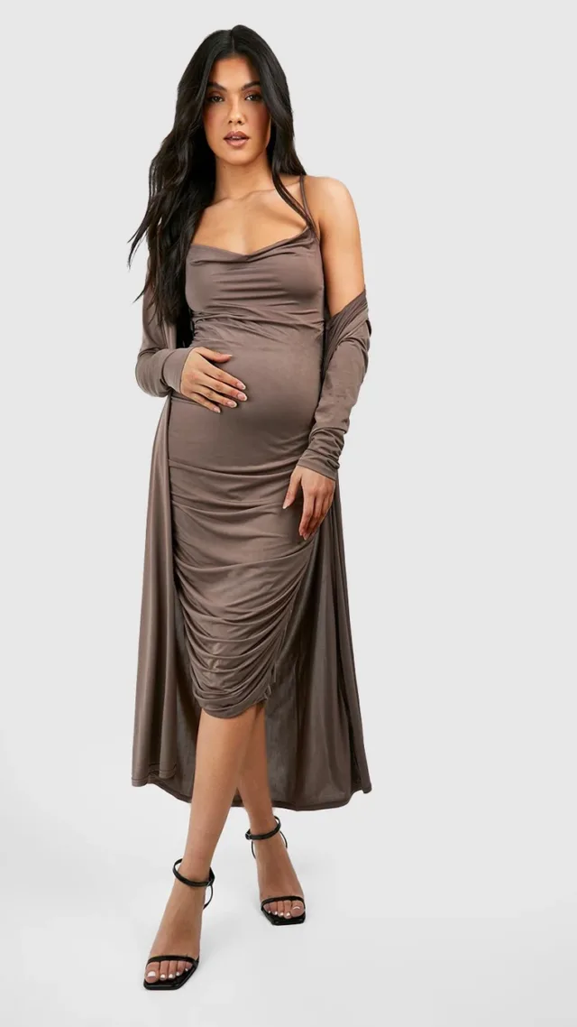 Mocha Maternity Strappy Cowl Neck Dress And Duster Coat