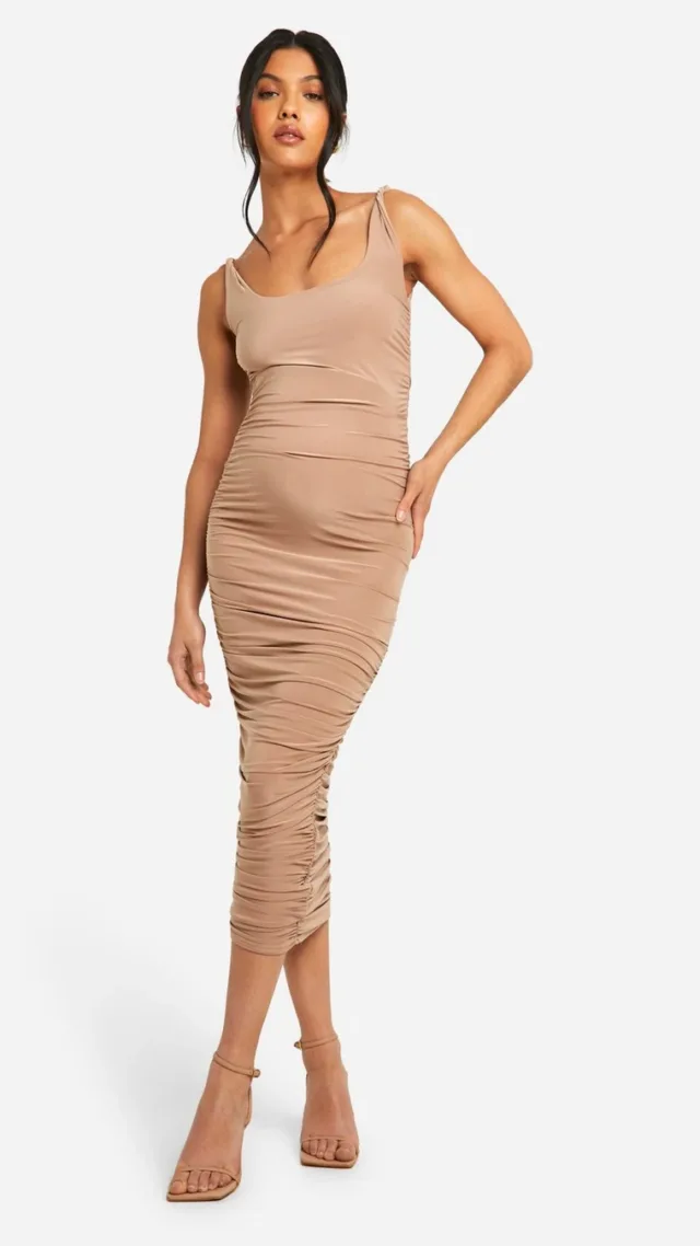 Mocha Maternity Twist Strap Ruched Midi Dress