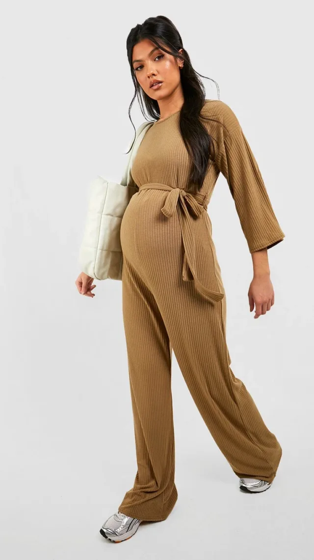 Moss Maternity Soft Rib Belted Jumpsuit