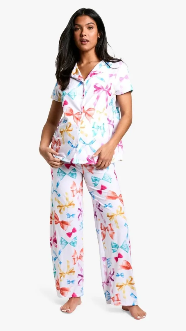 Multi Maternity Bow Print Short Sleeve Shirt & Pants Set