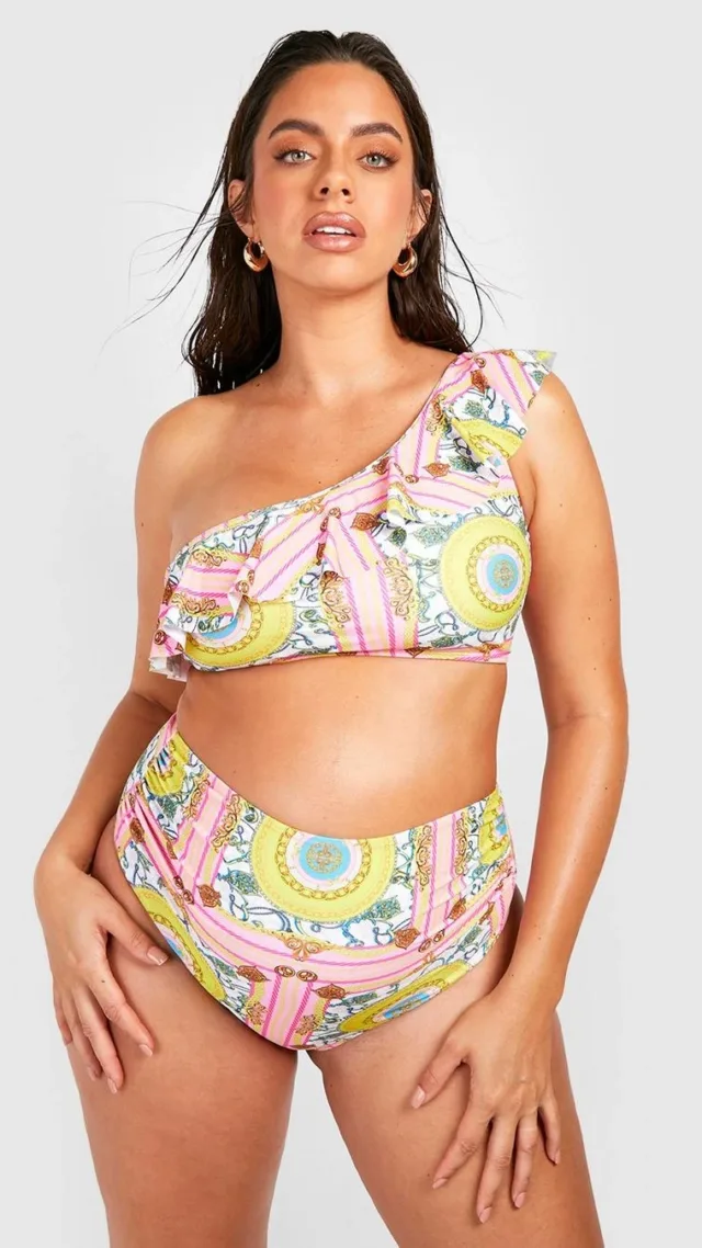 Multi Maternity Crinkle One Shoulder Frill High Waisted Bikini