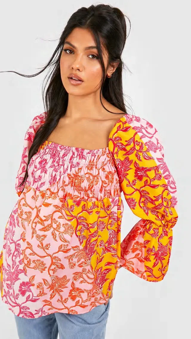 Multi Maternity Floral Shirred Smock Top