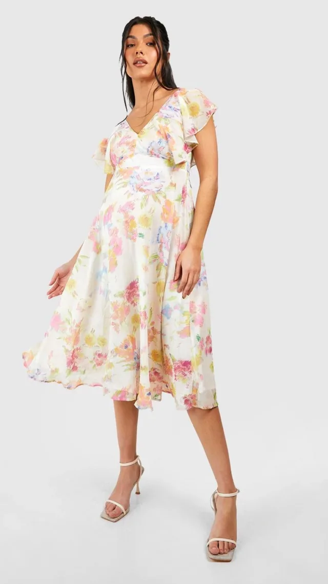 Multi Maternity Occasion Floral Tie Back Frill Midi Dress