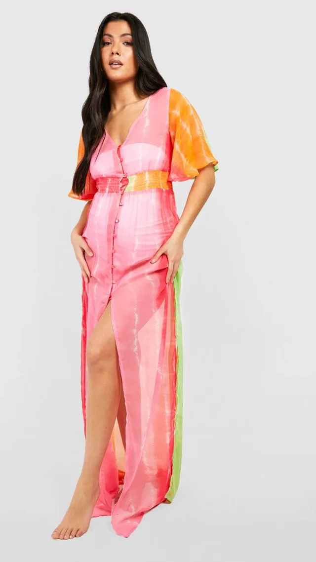 Multi Maternity Tie Dye Shirred Waist Beach Maxi Dress