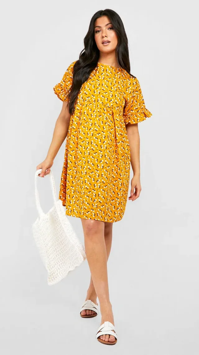 Mustard Maternity Floral Frill Sleeve Smock Dress