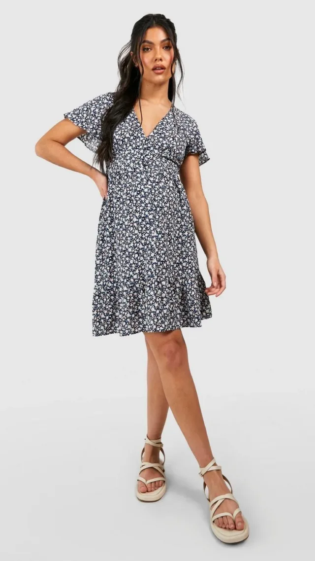 Navy Maternity Angel Sleeve Button Down Smock Dress