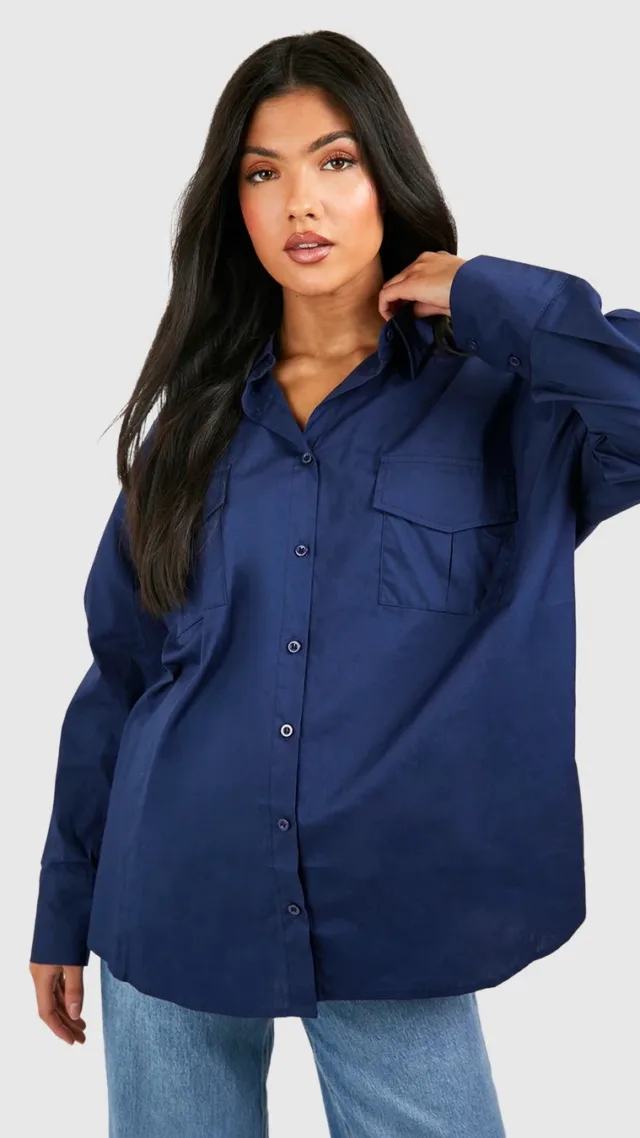 Navy Maternity Oversized Utility Shirt