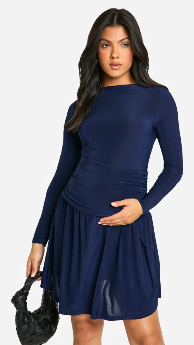 Navy Maternity Slinky Slash Neck Gathered Detail Mini Dress