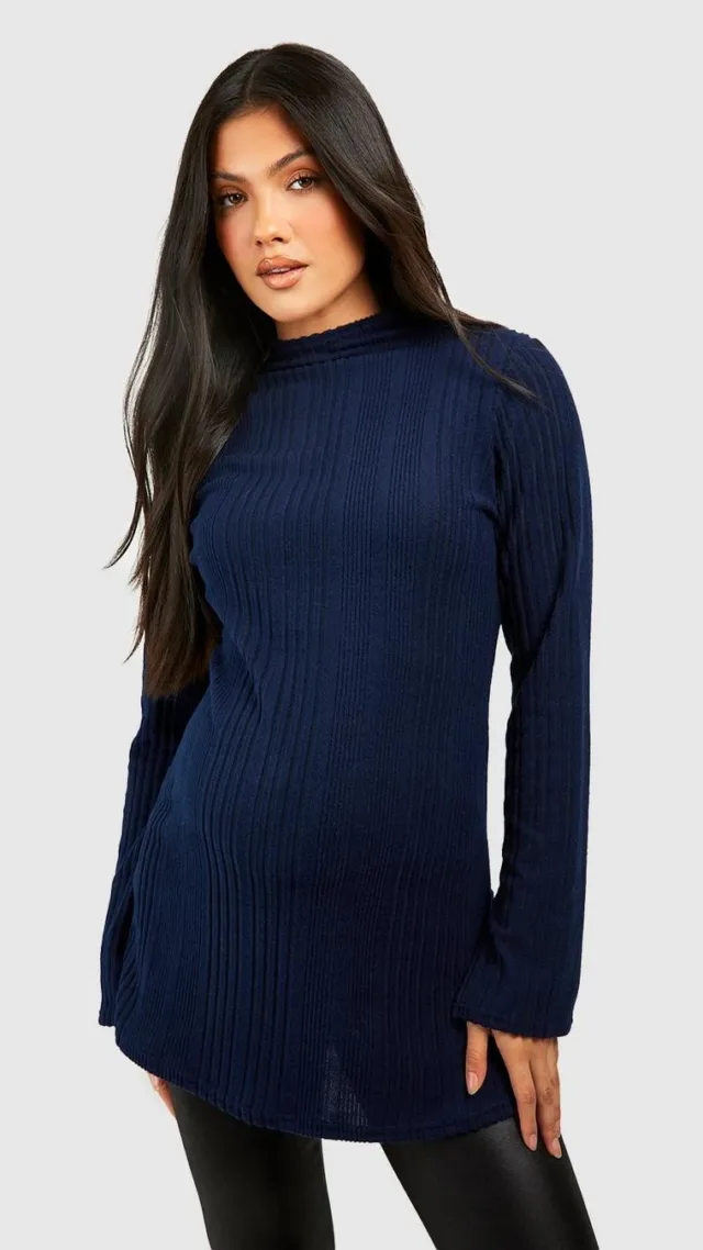 Navy Maternity Soft Rib Side Split High Neck Sweater