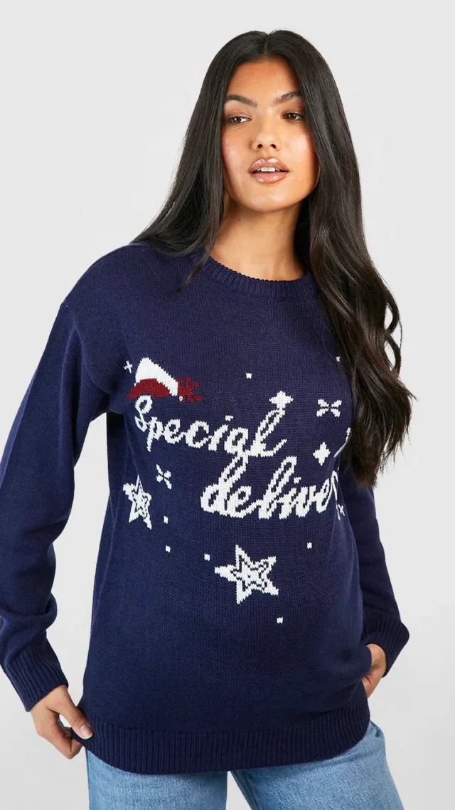 Navy Maternity Special Delivery Christmas Sweater