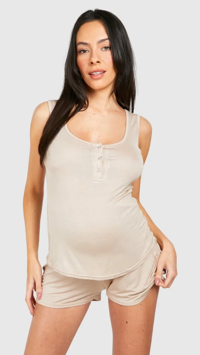 Oatmeal Maternity Button Front Tank Top And Short Pajama Set