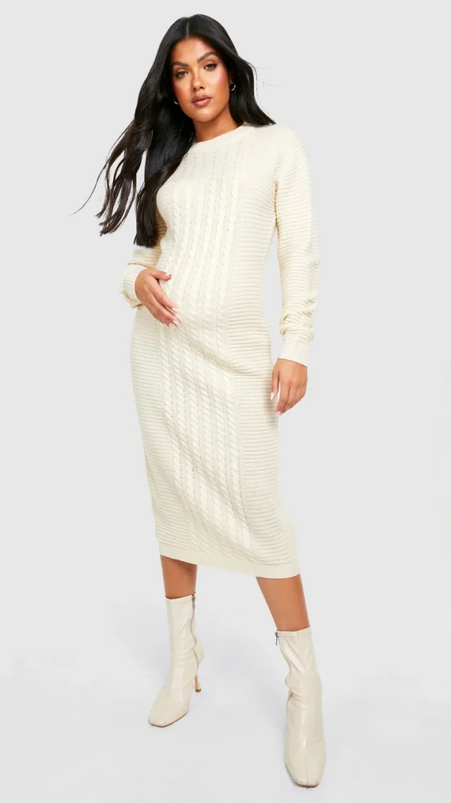 Oatmeal Maternity Cable Knit Knitted Midi Dress