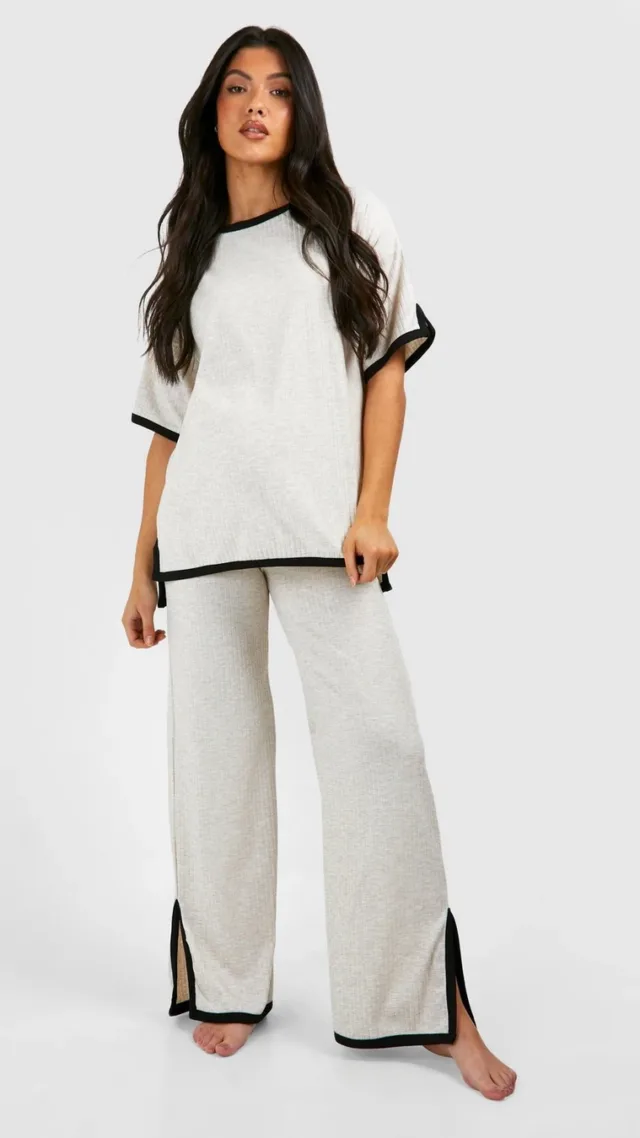 Oatmeal Maternity Contrast Binding Rib Loungewear Set