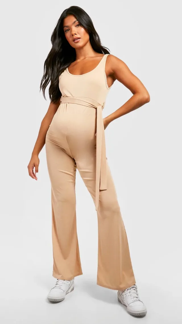 Oatmeal Maternity Ribbed Tie Waist Jumpsuit