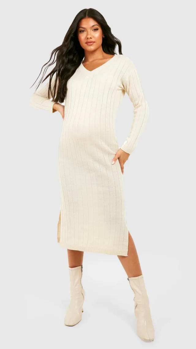 Oatmeal Maternity V Neck Slouchy Knitted Midi Dress