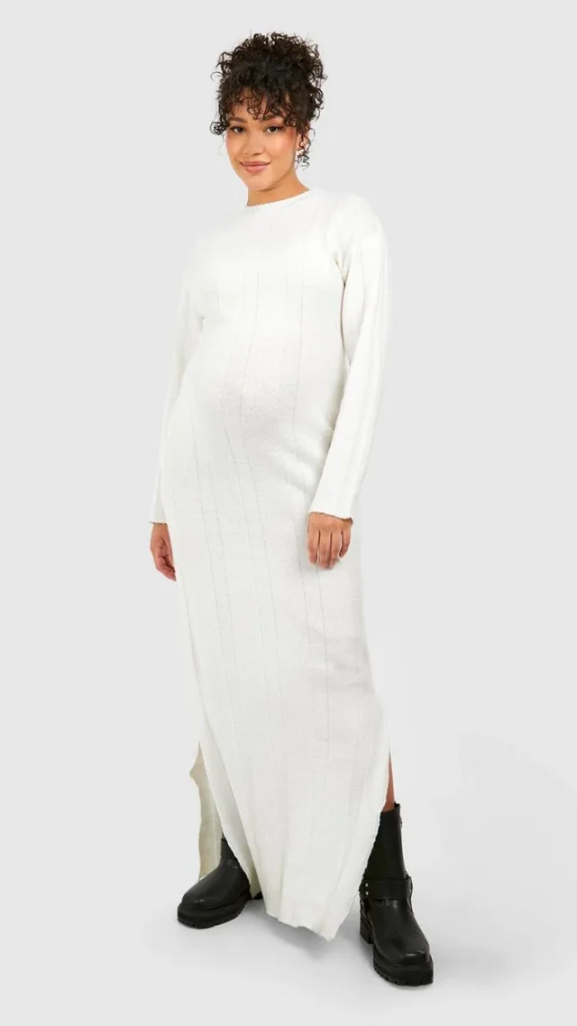 Off White Maternity Wide Rib Knitted Maxi Dress