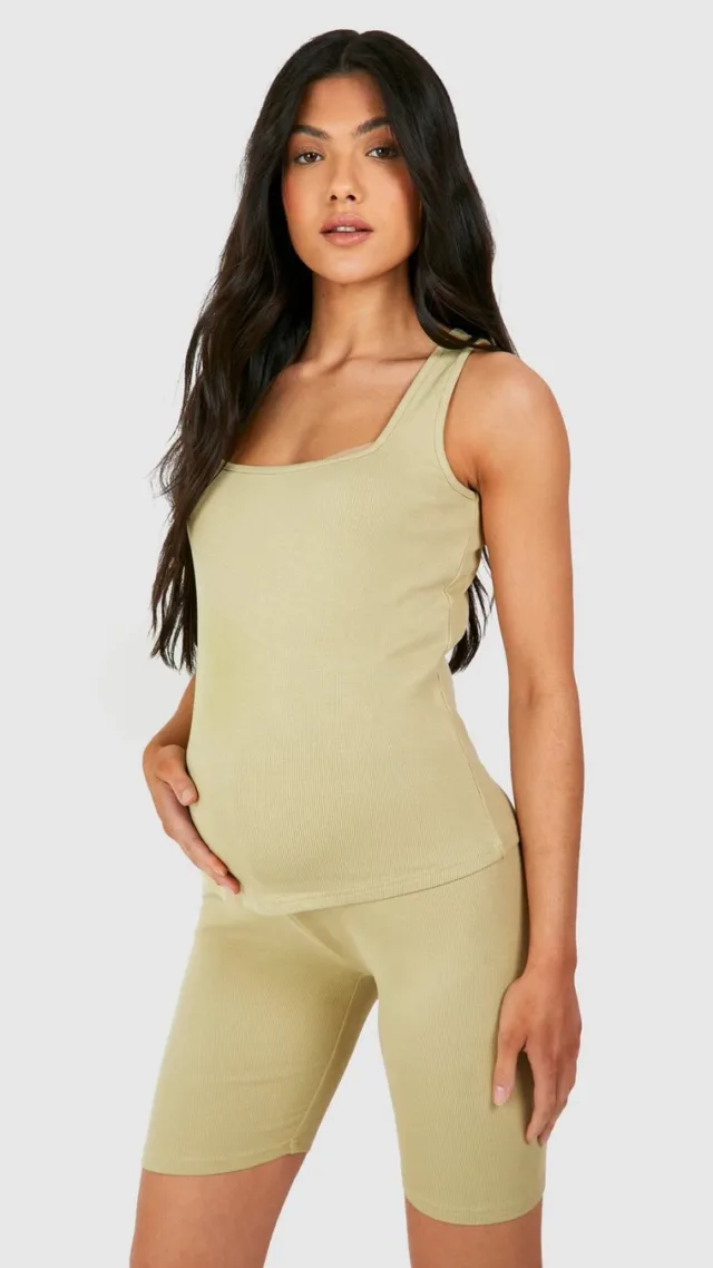 Olive Maternity Ribbed Square Neck Tank Top Top