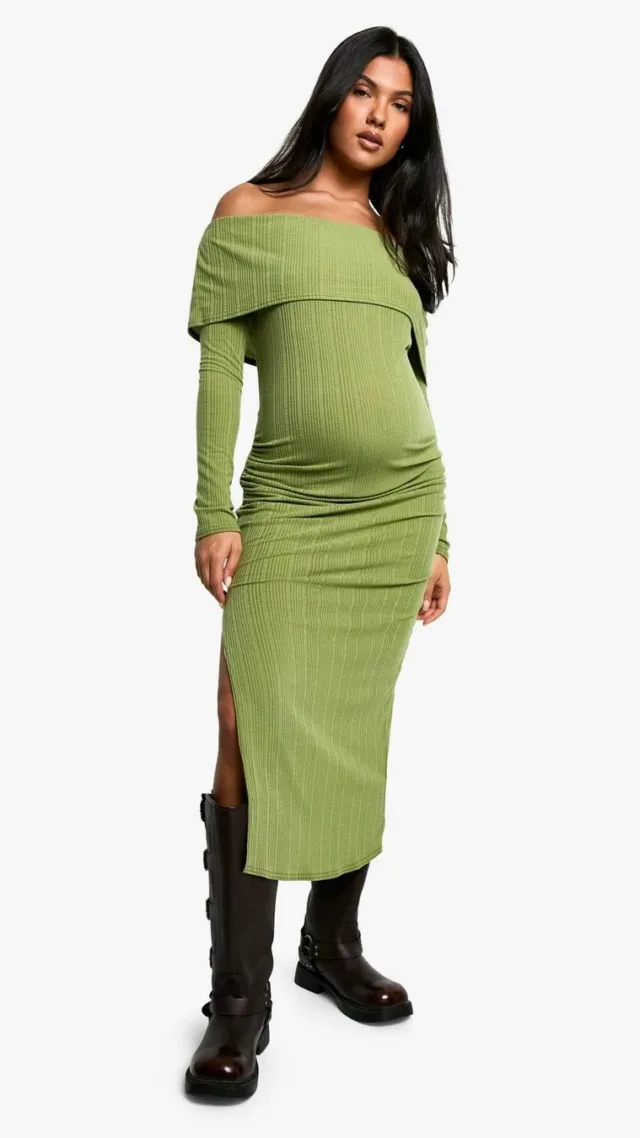 Olive Maternity Wide Soft Rib Deep Bardot Long Sleeve Side Split Midaxi Dress