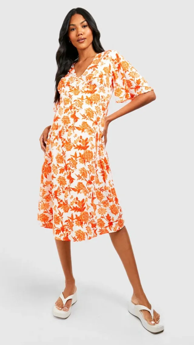 Orange Maternity Floral Wrap Smock Dress