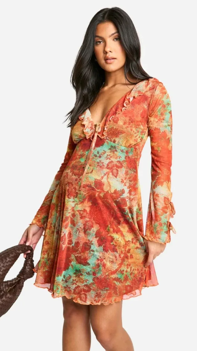 Orange Maternity Mesh Floral Print Ruffle Detail Long Sleeve Skater Mini Dress