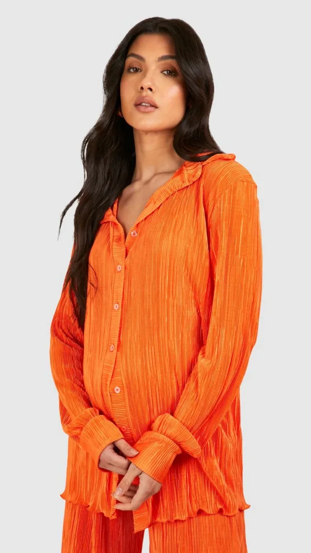 Orange Maternity Oversized Plisse Shirt