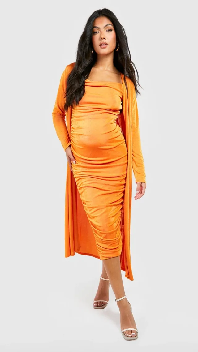 Orange Maternity Strappy Cowl Neck Dress And Duster Coat