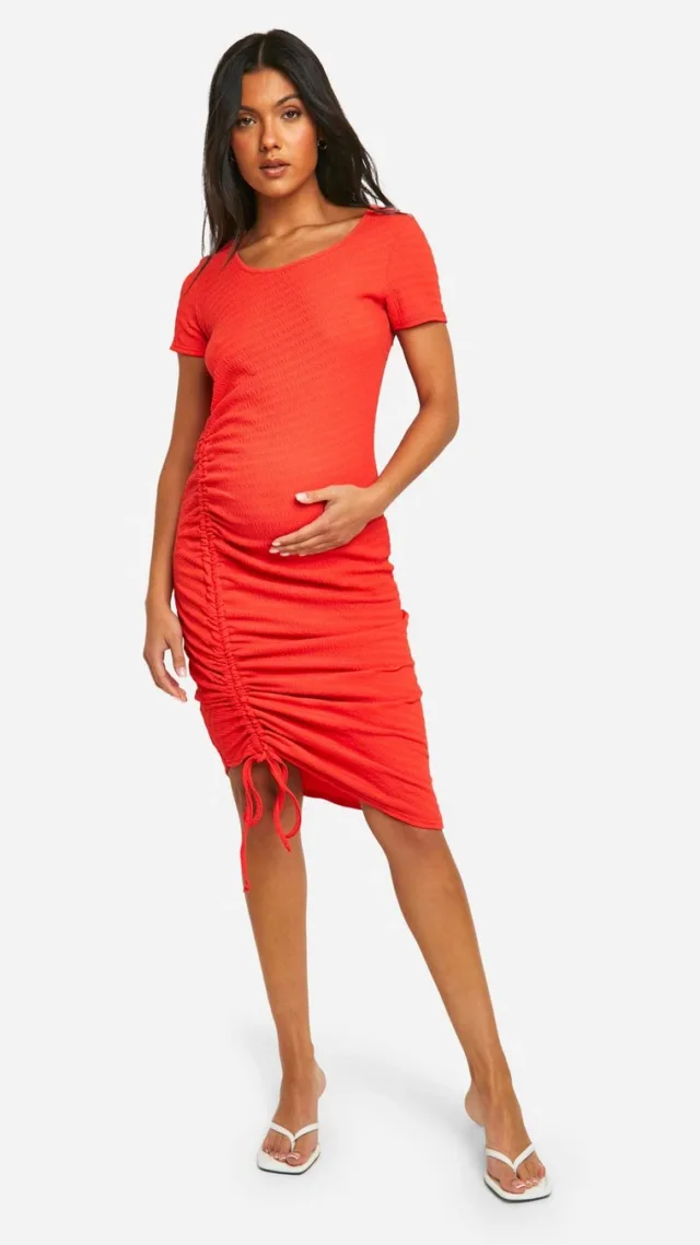 Orange Maternity Textured Short Sleeve Ruched Midi Dress