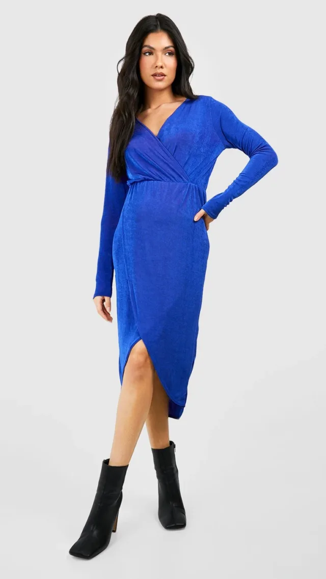 Pale Blue Maternity Acetate Slinky Wrapover Midi Dress