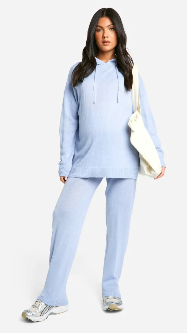 Pale Blue Maternity Soft Knit Hoodie & Pants Two-Piece