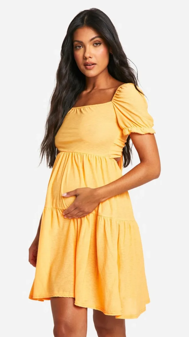 Pale Orange Maternity Jersey Knit Smock Milkmaid Mini Dress