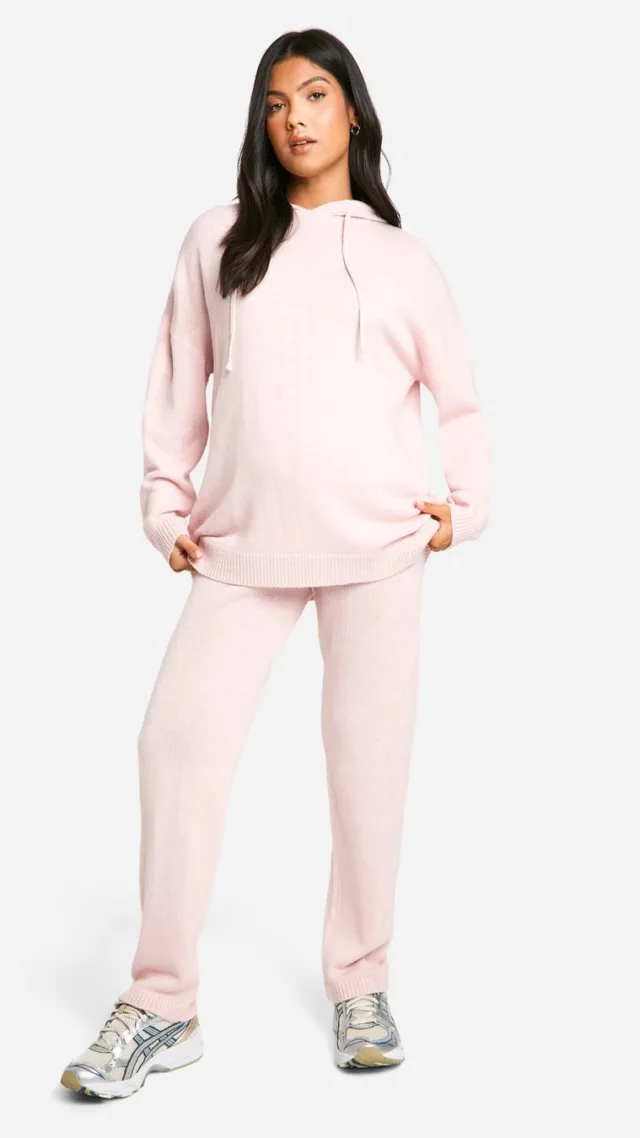 Pale Pink Maternity Soft Knit Hoodie & Pants Two-Piece