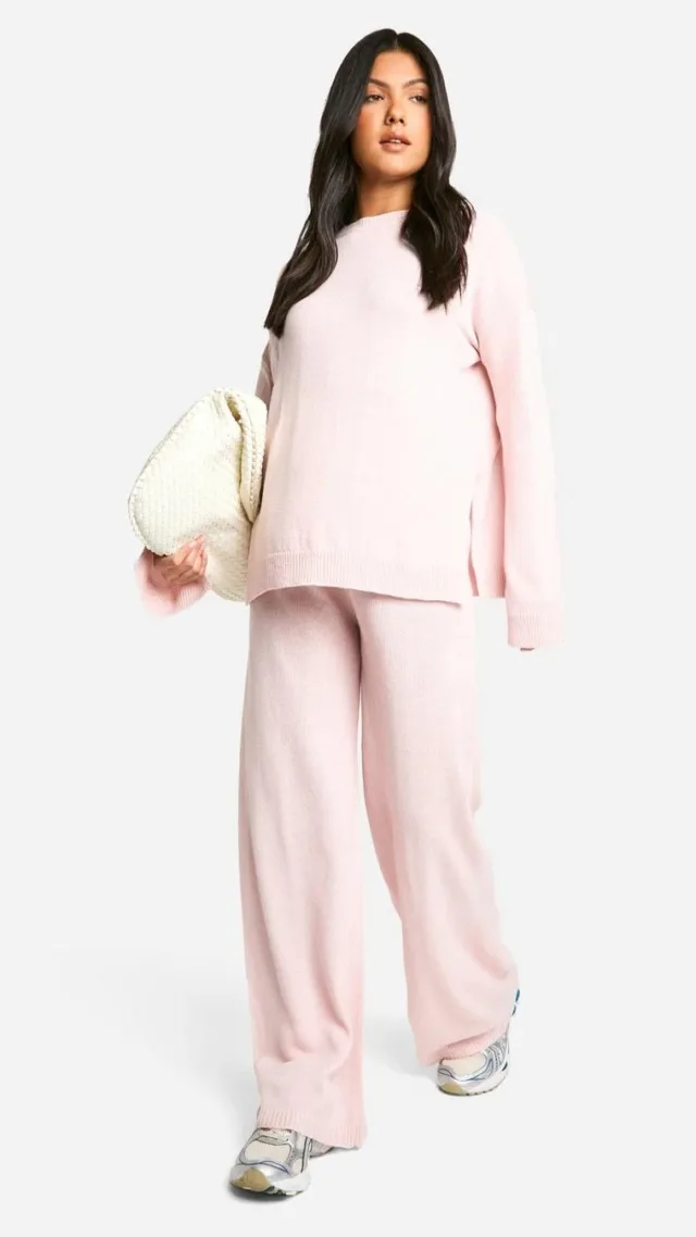 Pale Pink Maternity Soft Knit Sweater And Flares Knitted Two-Piece