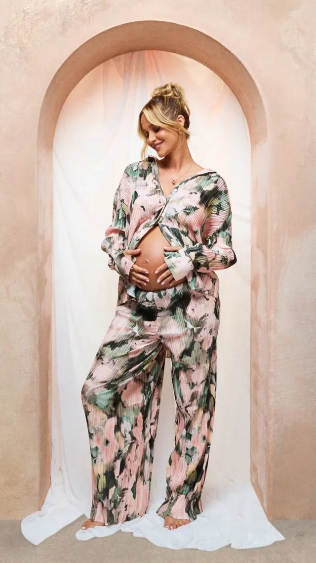 Pink Emily Shak Maternity Plisse Floral Print Under Bump Drawstring Wide Leg Pants