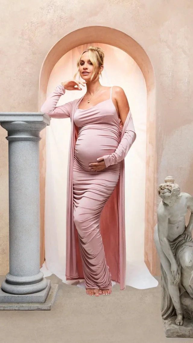 Pink Emily Shak Maternity Strappy Cowl Neck Dress And Duster Coat