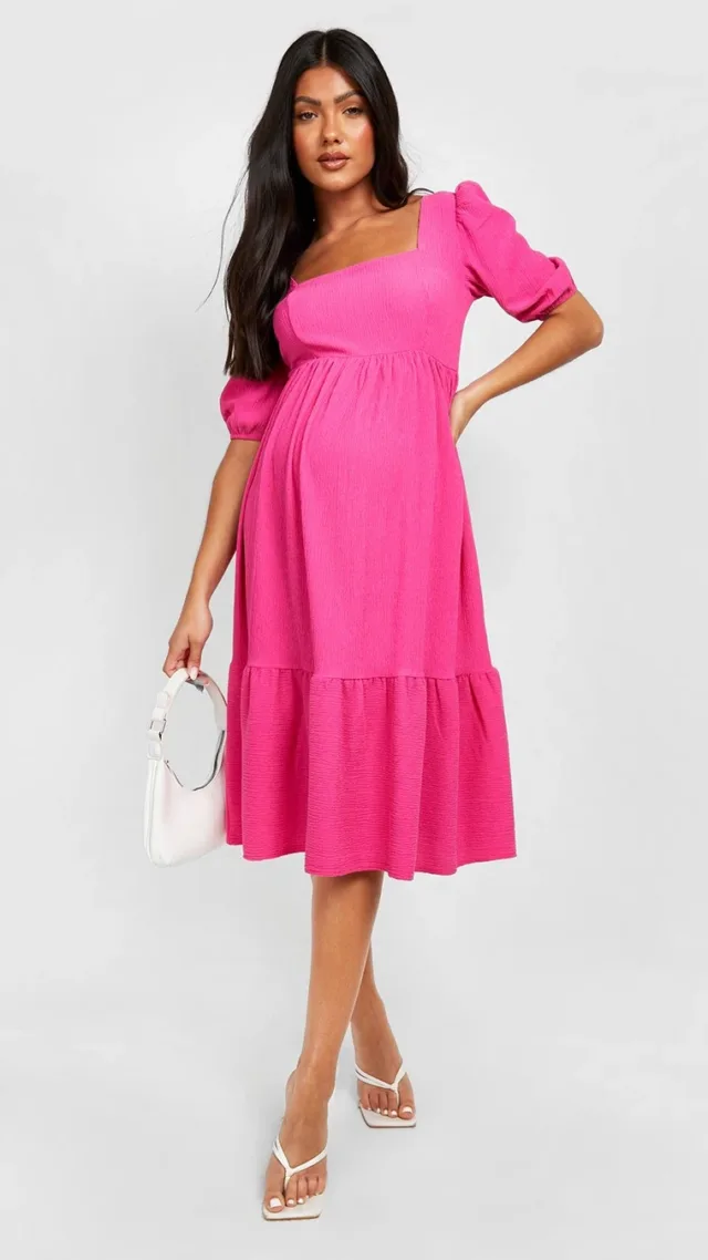 Pink Maternity Crinkle Ruffle Hem Midi Dress