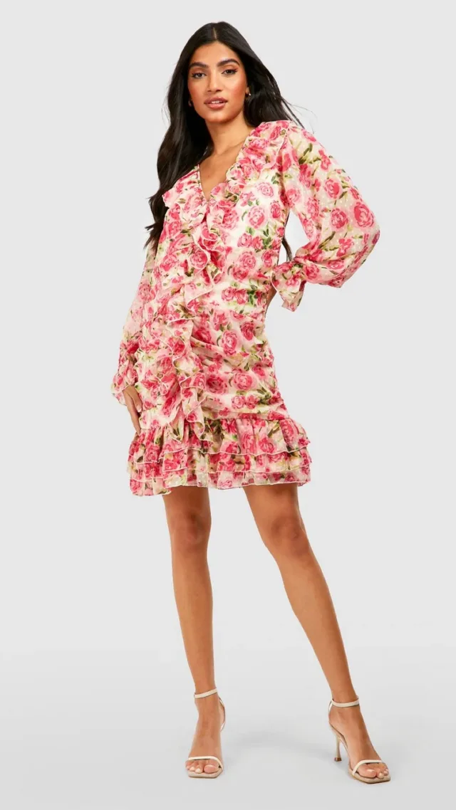 Pink Maternity Floral Dobby Ruffle Mini Dress