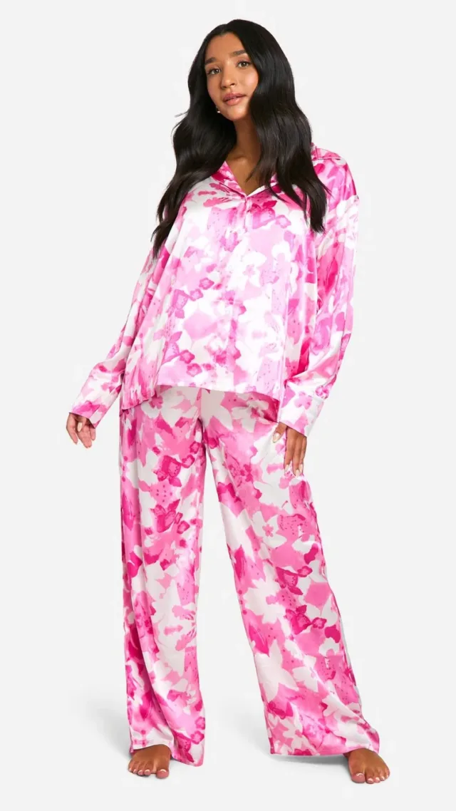 Pink Maternity Floral Print Satin Pj Set