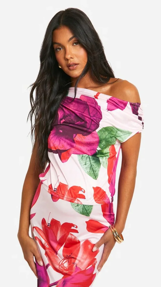 Pink Maternity Floral Print Slinky Asymmetric Neck Top